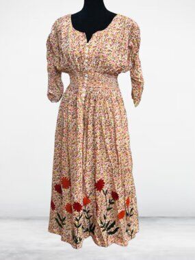 eShakti Floral Embroidered Midi dress Smocked waist POCKETS custom size 10